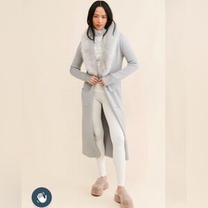 Women's Gray Fox Sweater Cardigan Faux Fur Collar XS S Open Front Duster Pocket